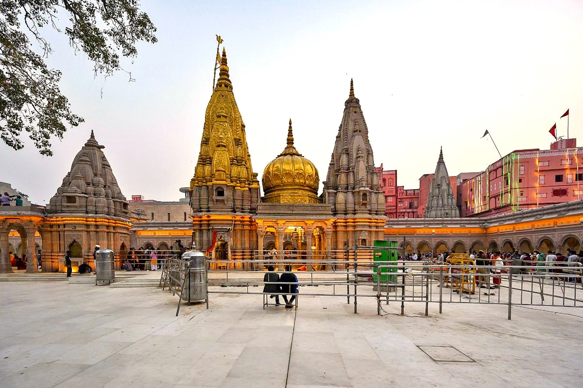 Kashi Vishwanath Temple golden spire viewed from the Ganga ghats in Varanasi