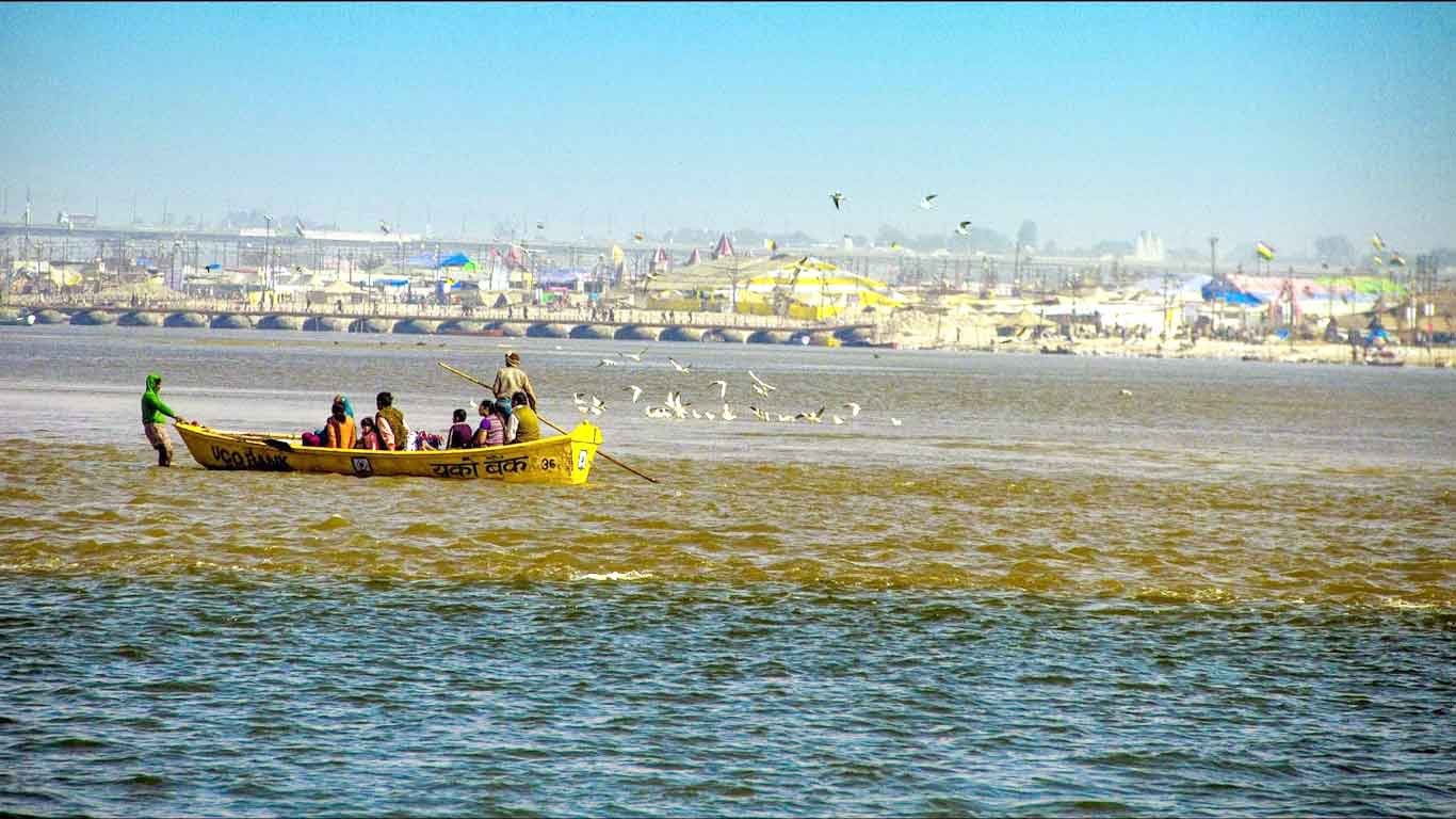 Triveni Sangam at Prayagraj where the Ganges, Yamuna, and mythical Saraswati rivers meet