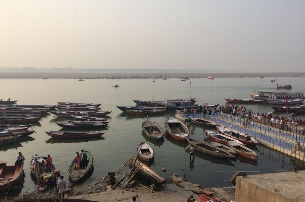 Pilgrims on a morning boat ride along the Varanasi ghats